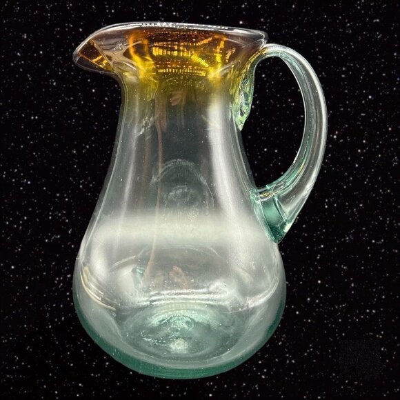 Handblown Art Glass Pitcher Clear w Brown Ombre Applied Handle 9”T 5”W